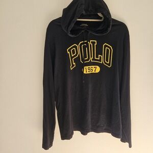 Polo‎ Ralph Lauren Hooded Shirt Mens Large Black Yellow Logo Hooded Long Sleeve